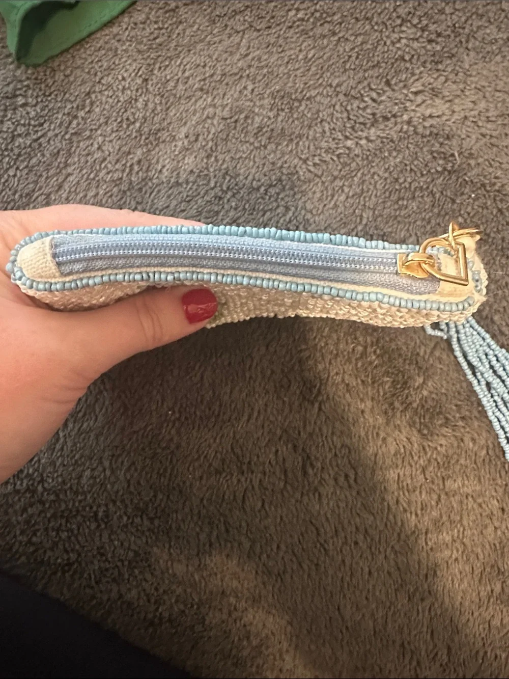 Beaded Floral Card Holder Keychain - Cream & Light Blue